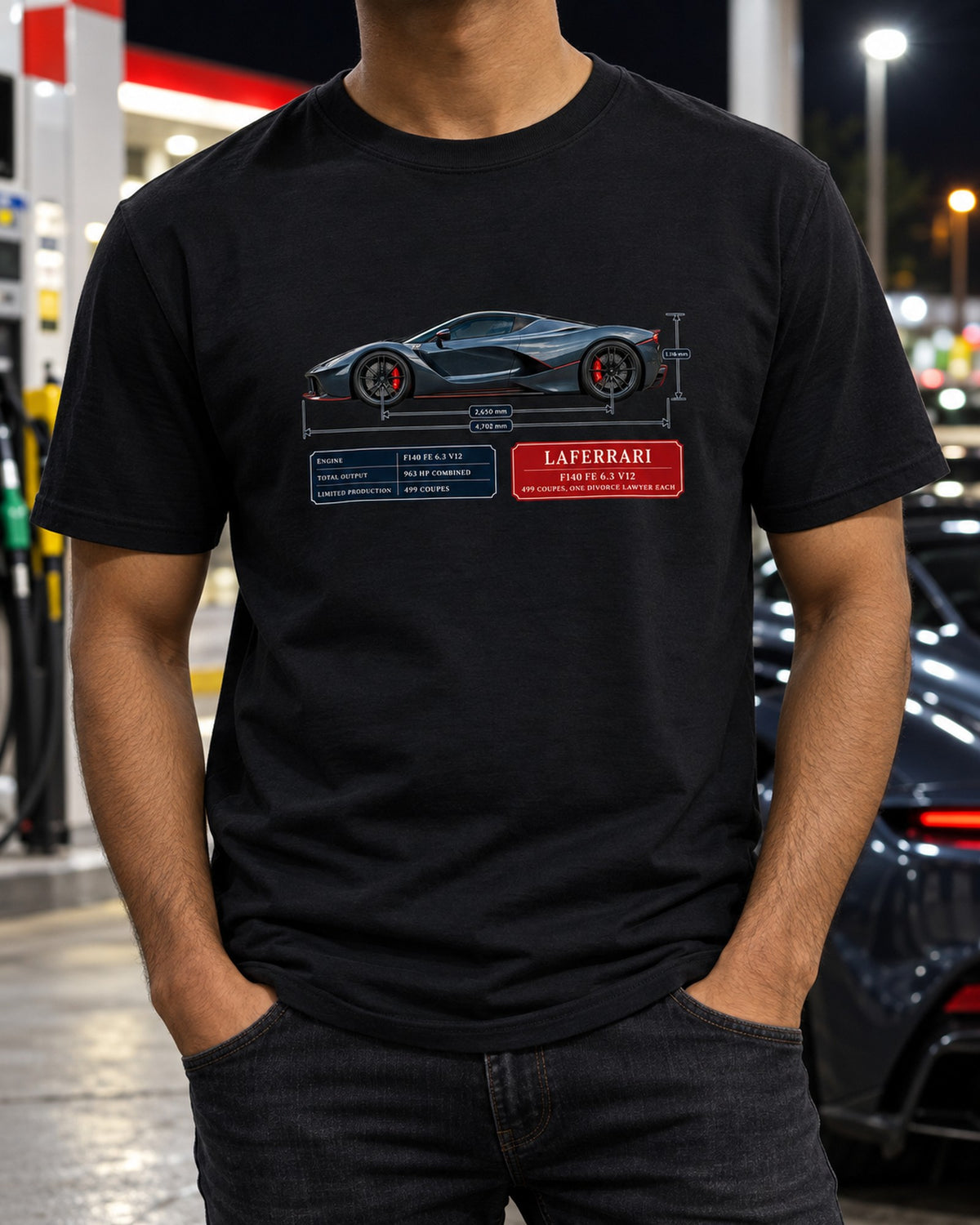 Ferrari LaFerrari F140 FE V12 Dimension Blueprint Shirt T-Shirt Black worn hero