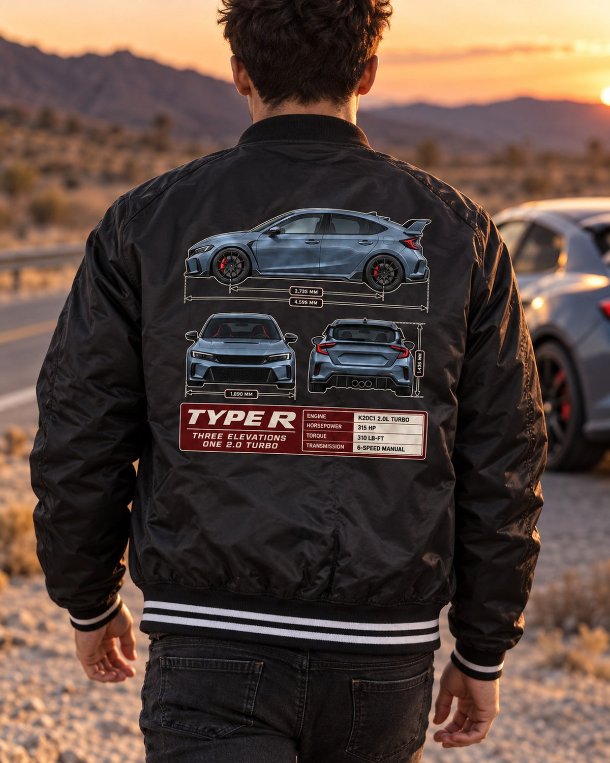 Civic Type R FL5 Three-View Spec Sheet Tee for Car Guys Bomber Jacket Black worn hero