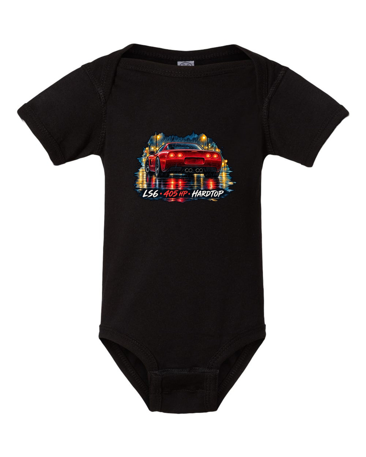 Watercolour wet-road night print of a 2002 Corvette C5 Z06 hardtop with LS6 405 HP lettering black baby onesie front view with the design