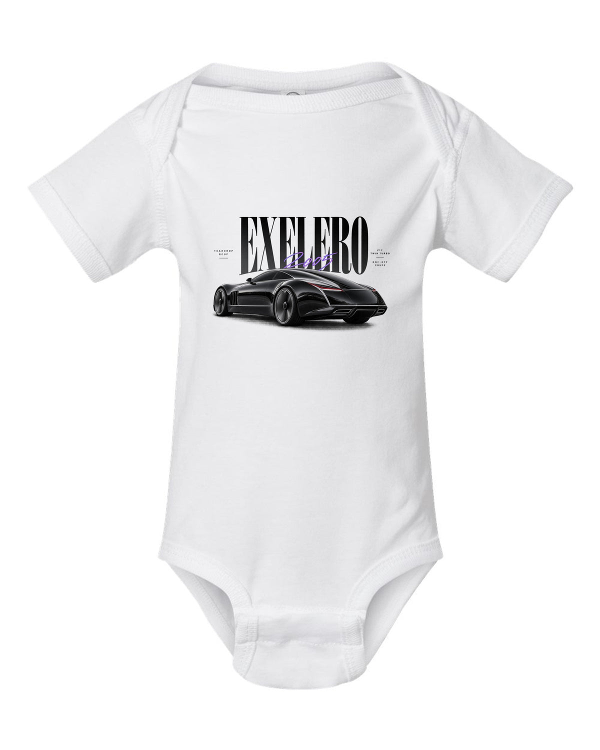 Editorial print of the Maybach Exelero one-off with Exelero 2005 Teardrop Roof lettering white baby onesie front view with the design