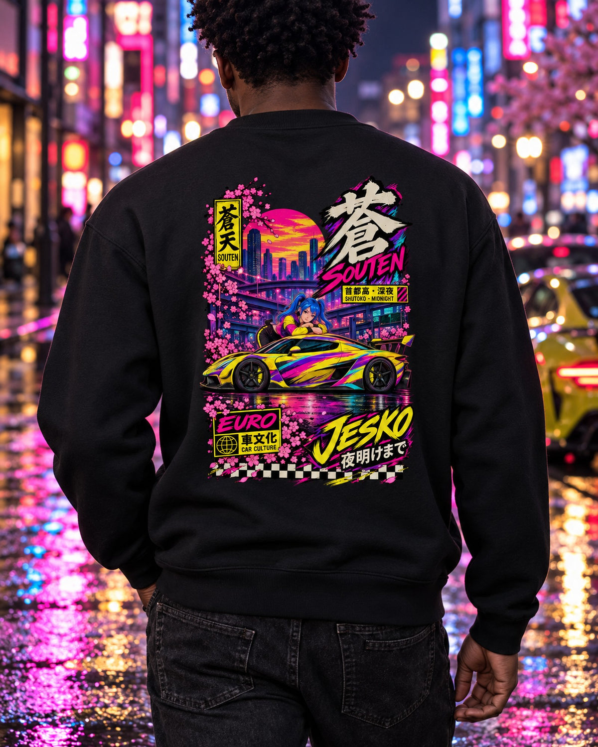 SOUTEN JESKO Anime Girl Full-Back Graphic Tee Crewneck Black worn hero
