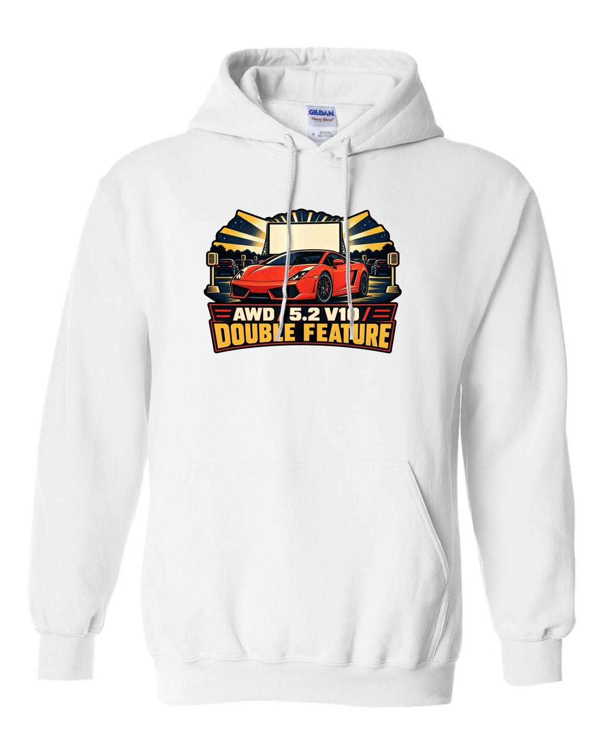 Vintage race poster style design of a Lamborghini Gallardo LP560-4 with AWD and V10 text white pull over hoodie front view with the design