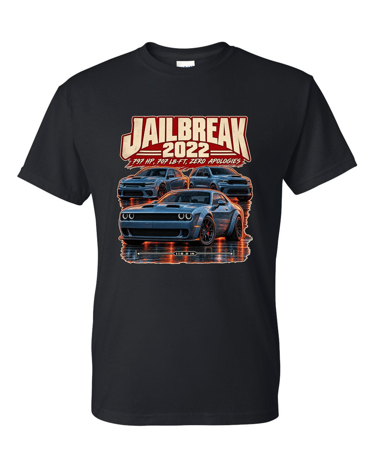 Dodge Challenger Hellcat Redeye Jailbreak 2022 street poster print black t-shirt front view with the design