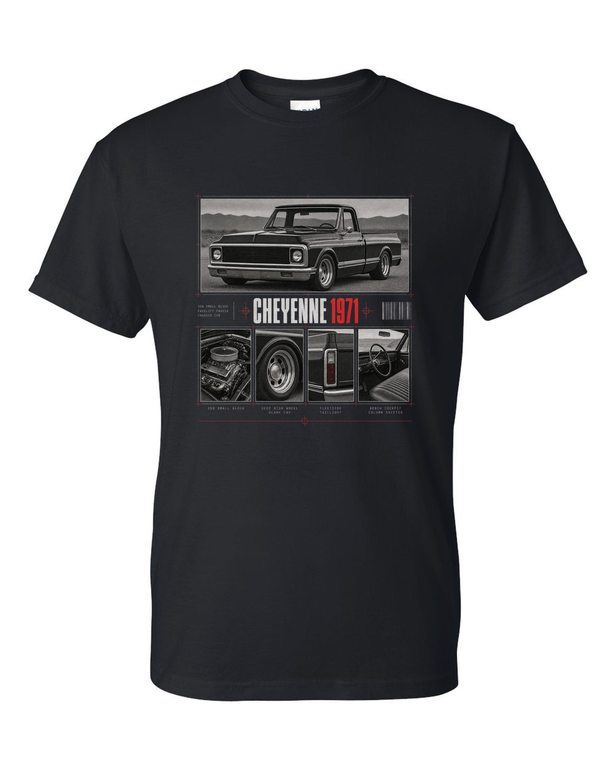 Dossier panel print of a 1971 Chevrolet C10 Cheyenne with 350 small block text black t-shirt front view with the design