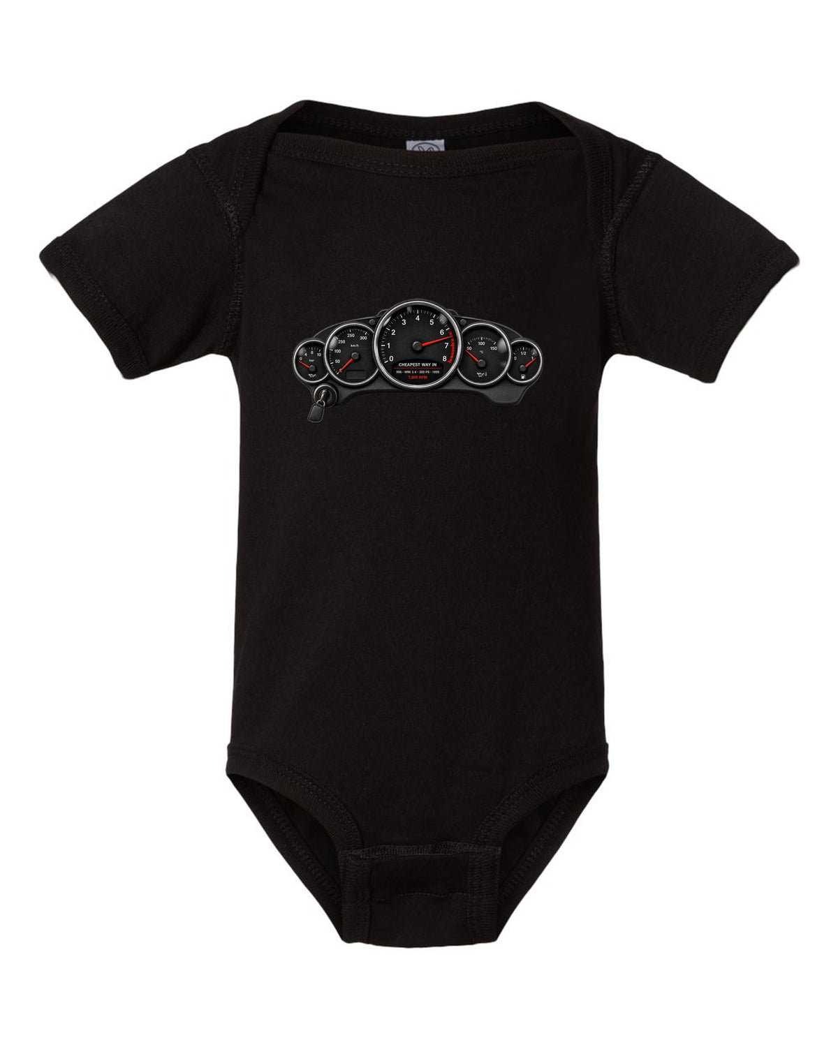 Cockpit gauge print of a Porsche 911 Carrera (996) with the caption Cheapest Way In and 7,300 rpm black baby onesie front view with the design