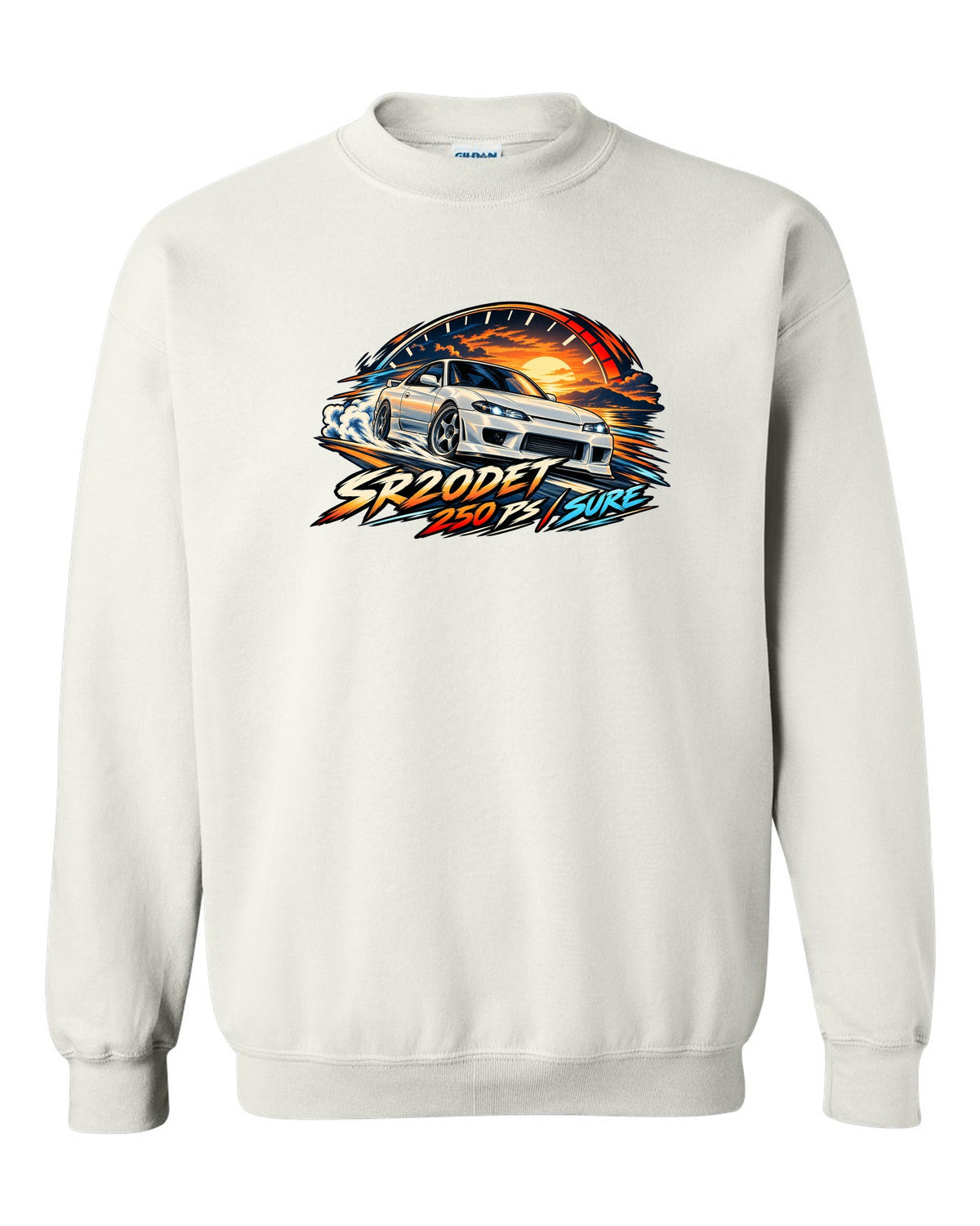Cel-shaded anime print of a Nissan Silvia S15 with redline arc and SR20DET 250 PS text white crewneck front view with the design