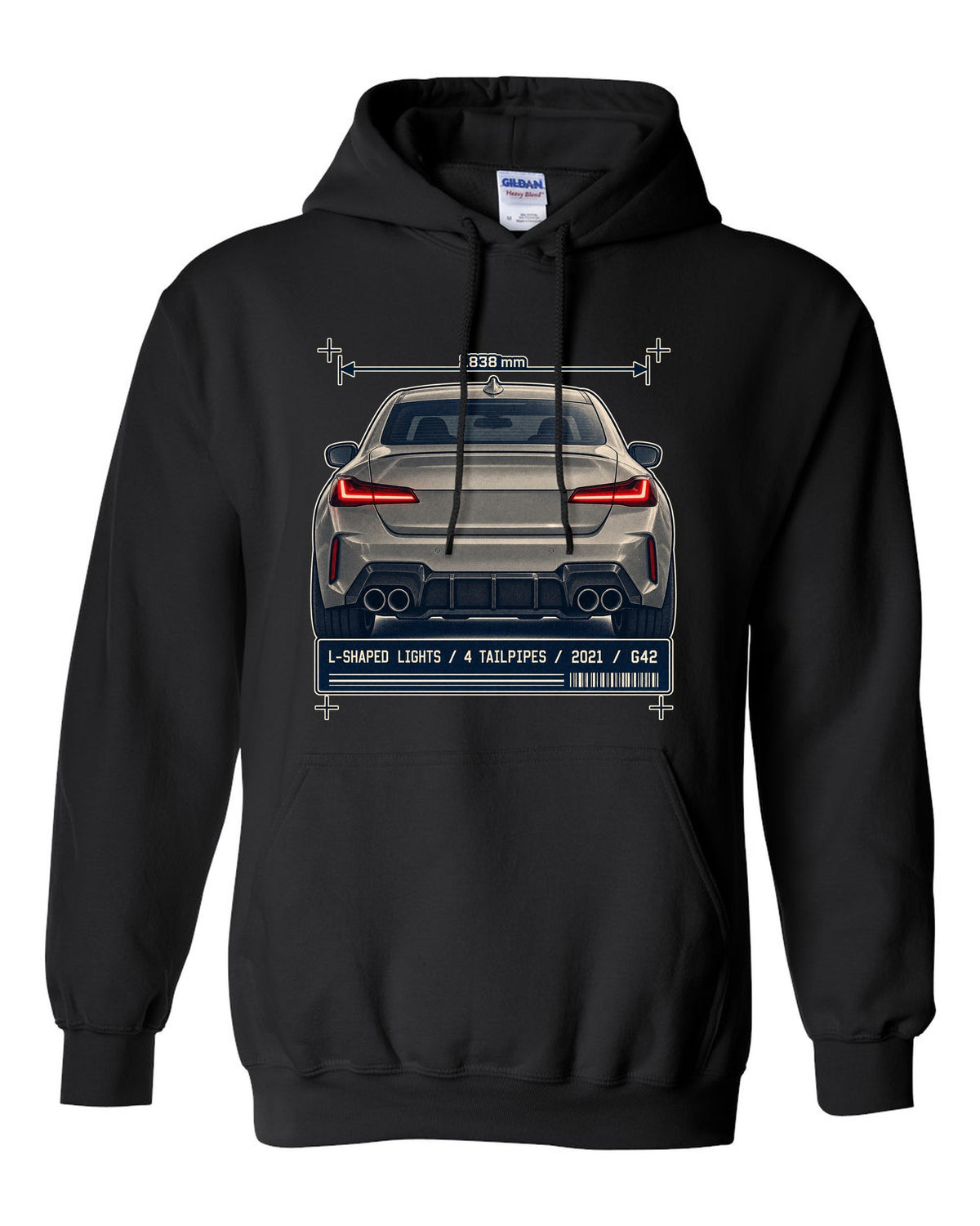BMW M240i G42 rear taillight and tailpipe macro print black pull over hoodie front view with the design
