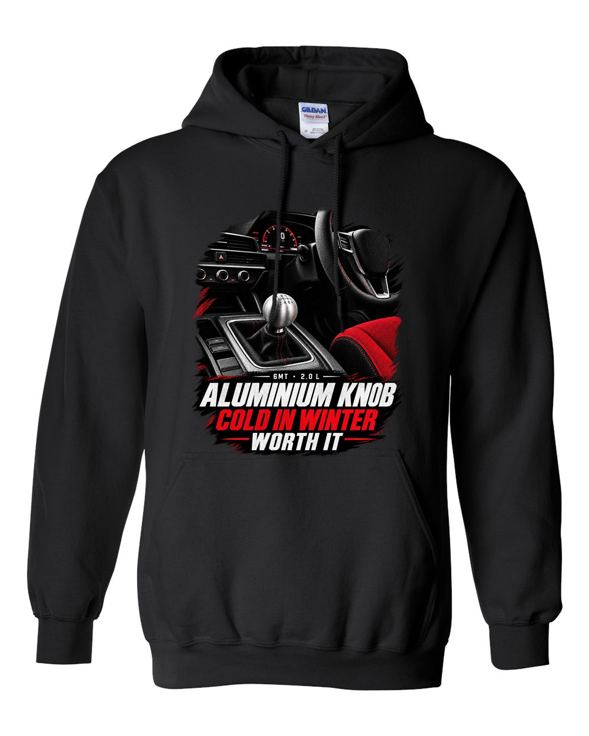 Honda Civic FL5 cockpit gauge design with aluminium shift knob text black pull over hoodie front view with the design