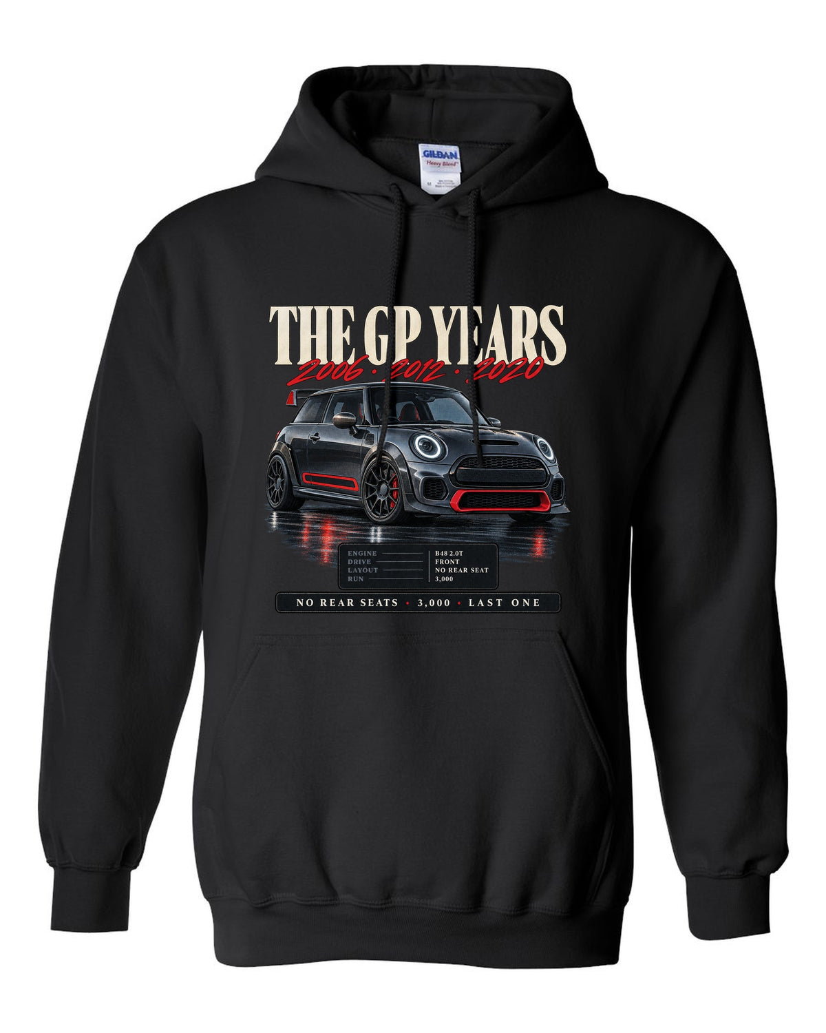Archive panel print of a Mini Cooper JCW GP F56 with the years 2006, 2012 and 2020 black pull over hoodie front view with the design