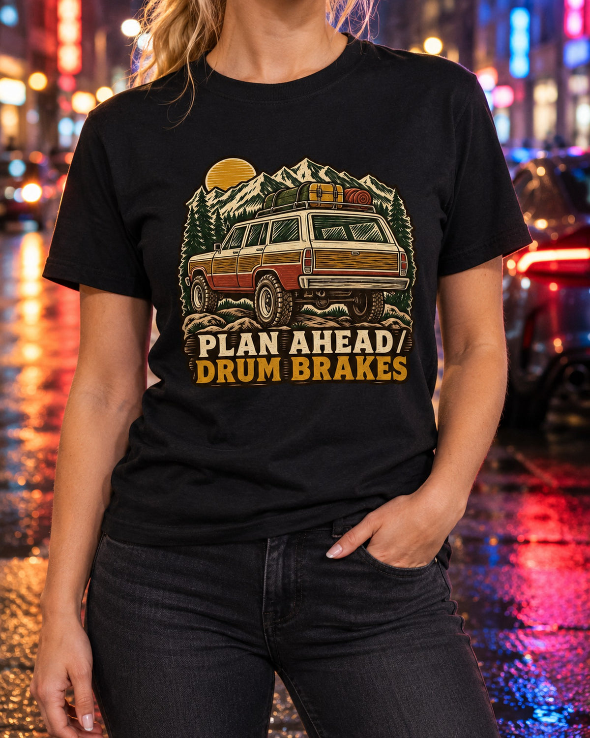 Land Cruiser FJ55 Iron Pig Woodcut Tee: Plan Ahead, Drum Brakes T-Shirt Black worn hero