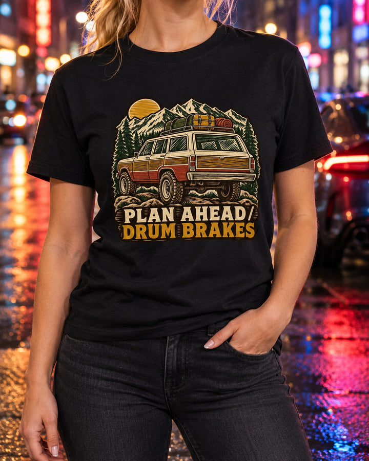 Land Cruiser FJ55 Iron Pig Woodcut Tee: Plan Ahead, Drum Brakes T-Shirt Black worn hero