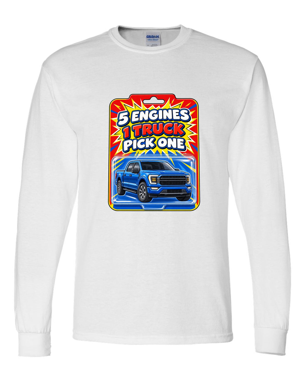 Toy card style print of a 2021 Ford F-150 P702 with five engines one truck text white long sleeve front view with the design