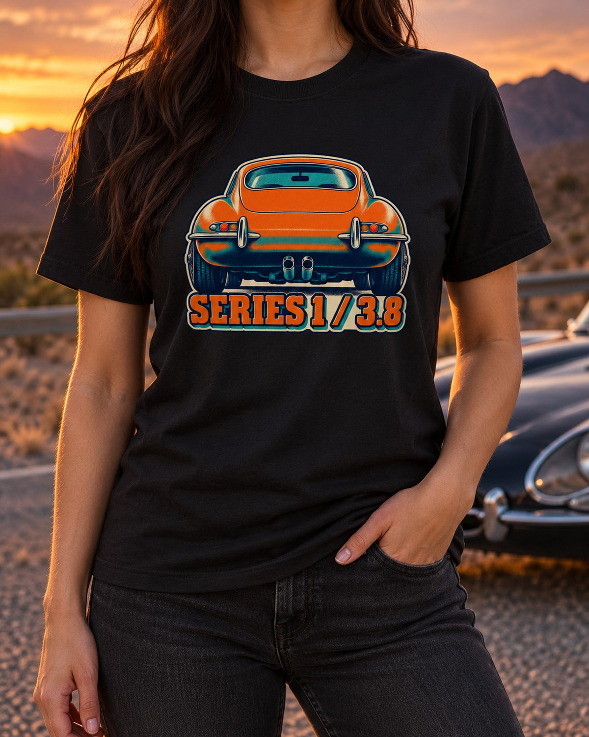 Jaguar E-Type Series 1 3.8 Risograph Style Car Shirt T-Shirt Black worn hero
