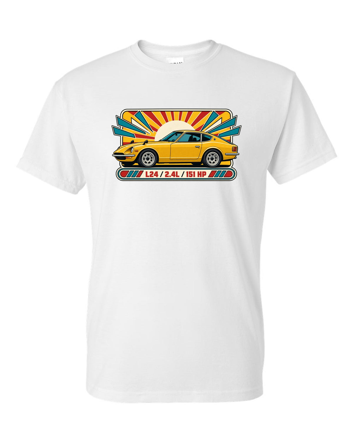 Retro 1970s catalogue ad print of the Datsun 240Z S30 with L24 2.4L 151 HP lettering white t-shirt front view with the design