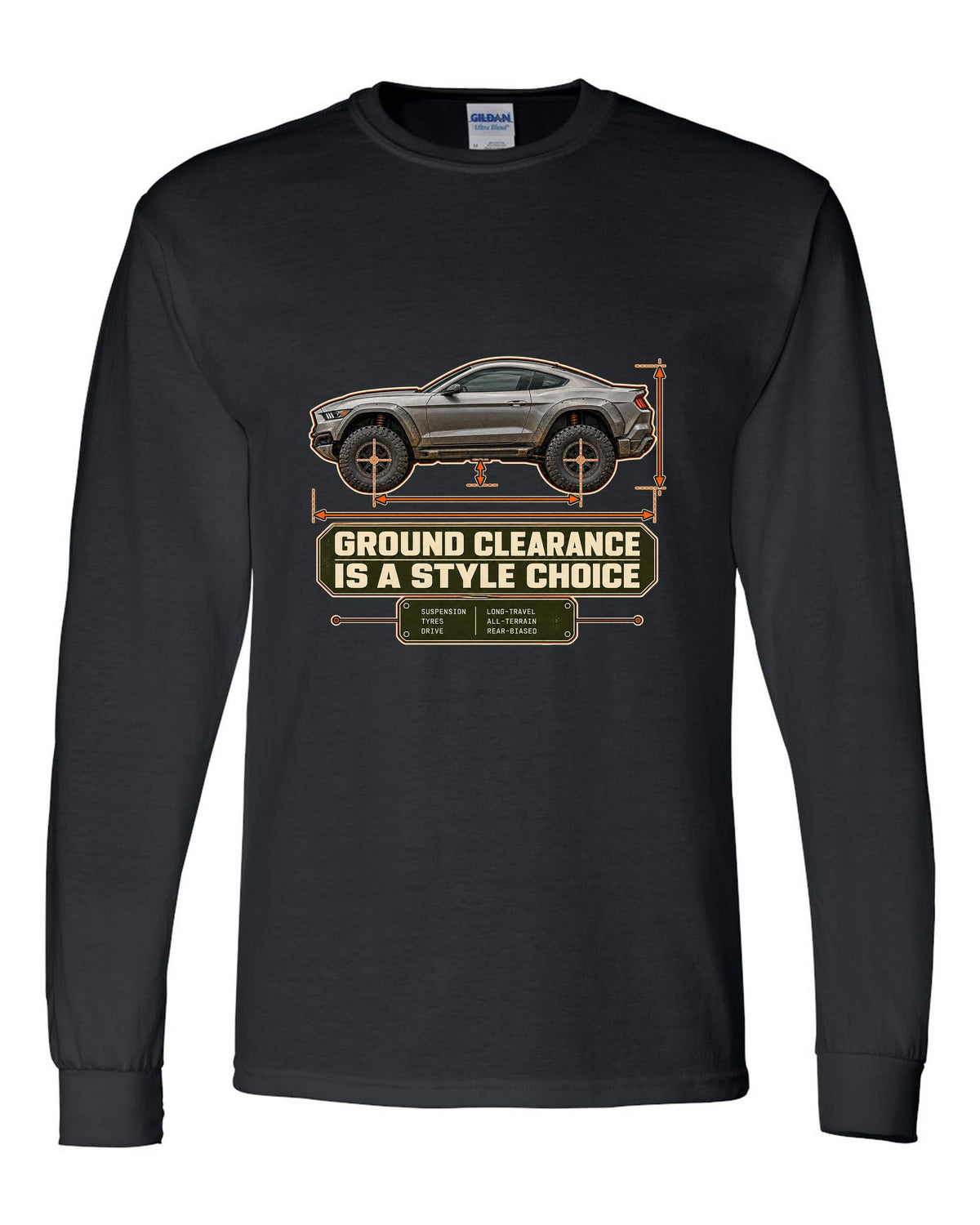 print of a Mustang Raptor concept dimension blueprint with ground clearance text black long sleeve front view with the design