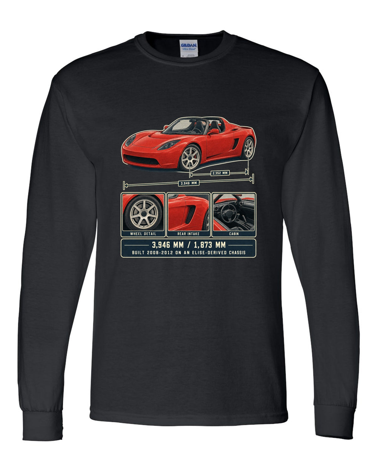 Dossier panel print of a first-generation Tesla Roadster with dimensions black long sleeve front view with the design