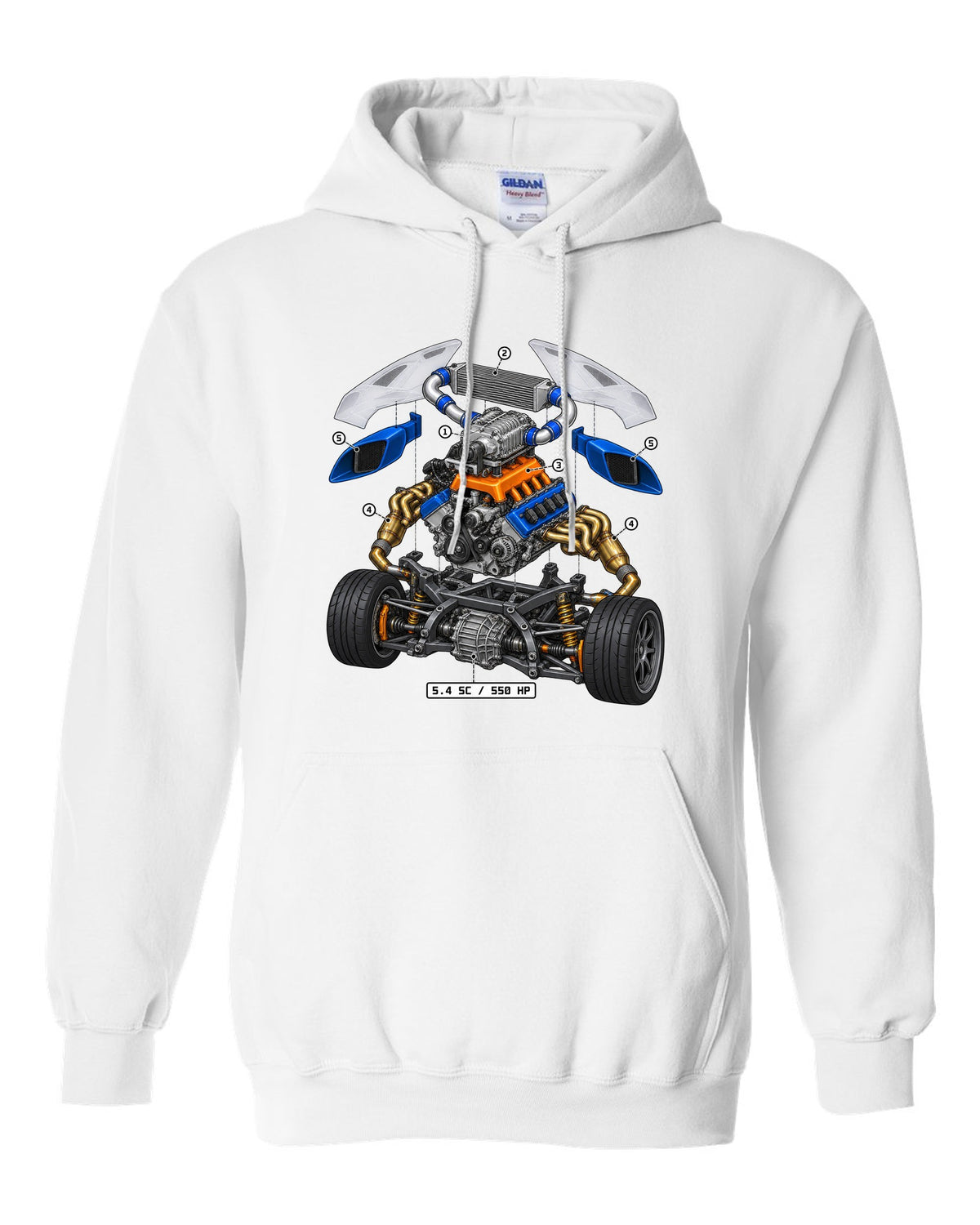 Ford GT 2005-2006 supercharged V8 in an isometric exploded view print white pull over hoodie front view with the design