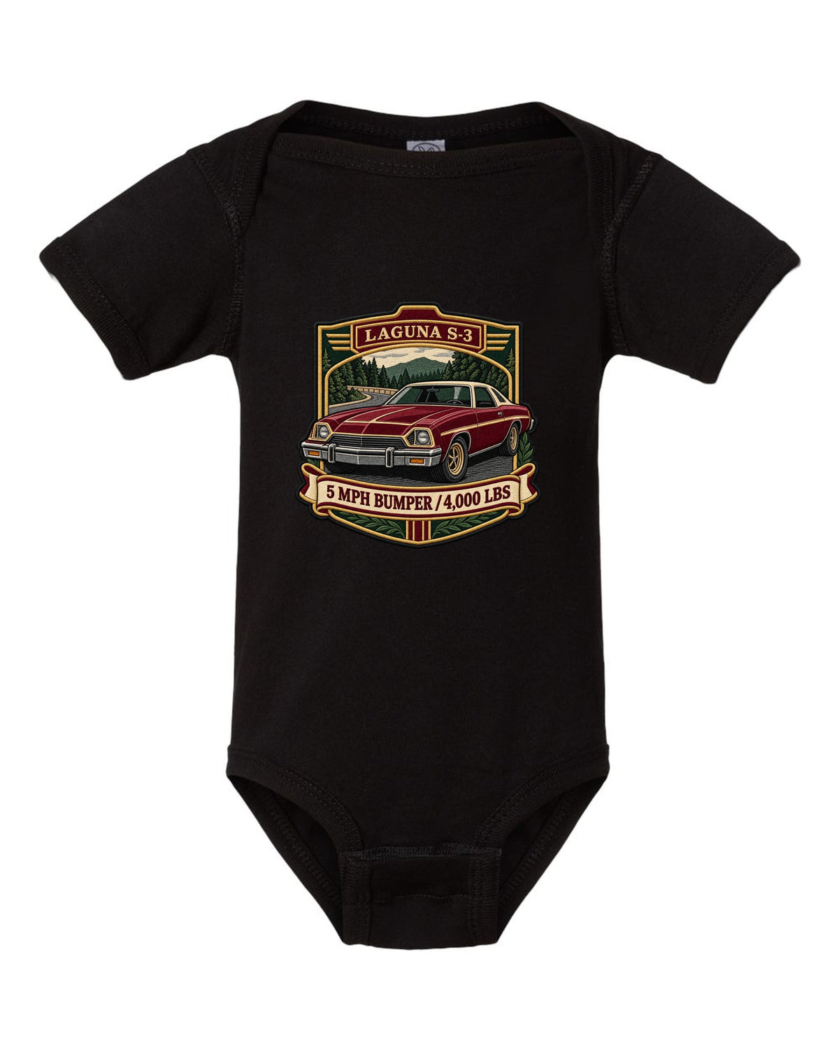 Embroidery patch style crest illustration of a 1973 Chevrolet Chevelle Laguna S-3 black baby onesie front view with the design