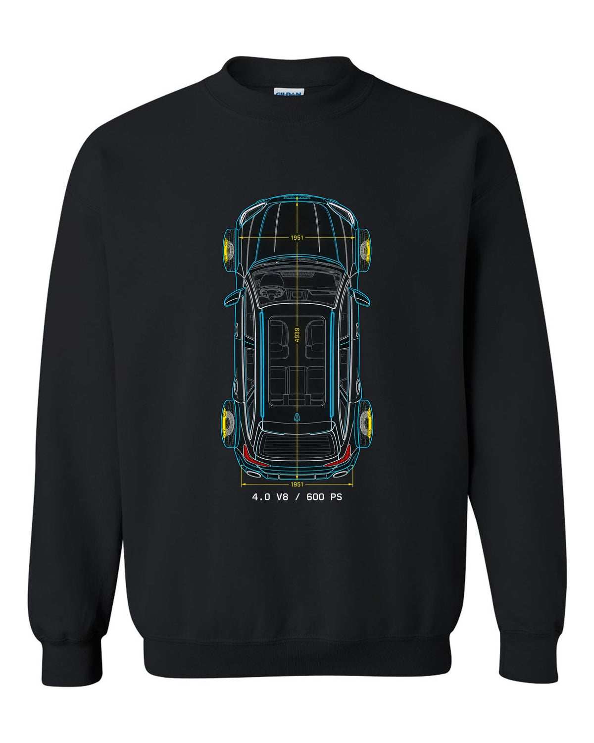 Top-down technical blueprint design of the Audi RS6 Avant C8 with 4.0 V8 and 600 PS lettering black crewneck front view with the design