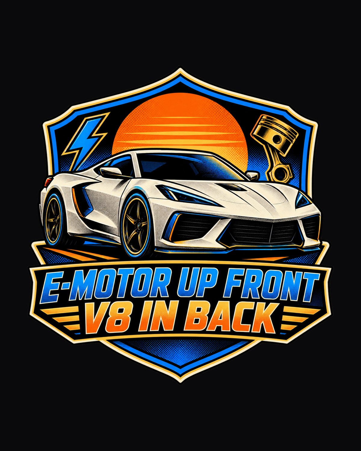 Corvette C8 Stingray E-Motor Front V8 Back Comic Halftone Tee design only