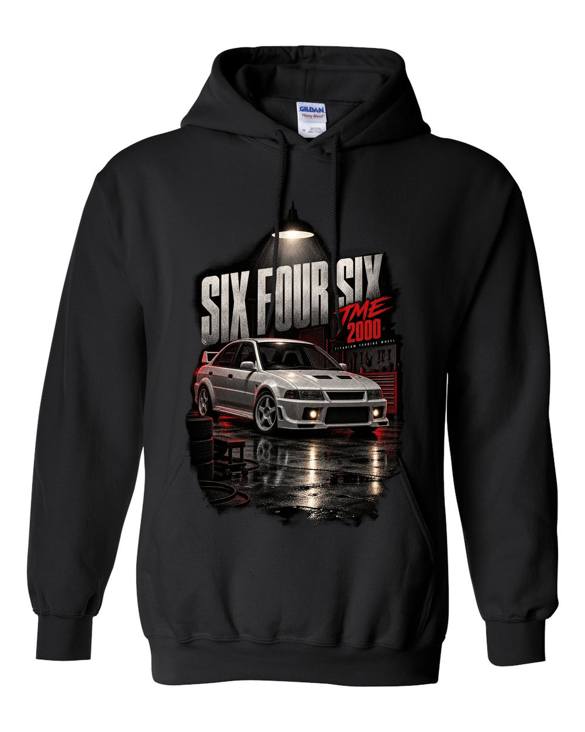 Garage night print for the Mitsubishi Lancer Evolution VI TME CP9A reading Six Four Six, titanium turbine wheel, 2000 black pull over hoodie front view with the design