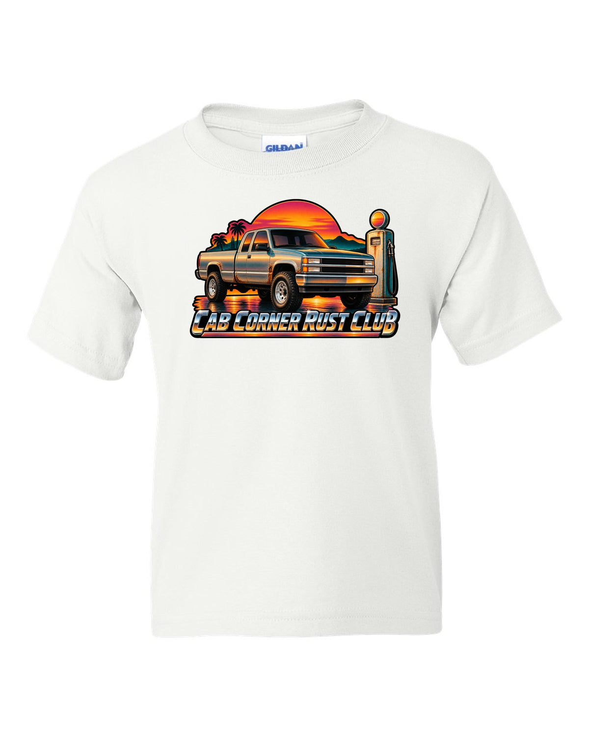 70s airbrush sunset gas pump print of a 1988-1998 Chevrolet OBS Silverado with Cab Corner Rust Club text white kids tee front view with the design