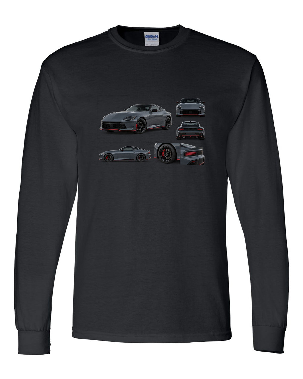 Halftone style print of a 2024 Nissan Z RZ34 Sport with VR30DDTT text black long sleeve front view with the design