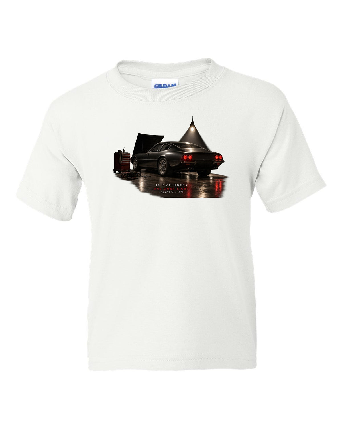 Ferrari 365 GTB/4 Daytona 1971 rear three-quarter garage night print, one work light white kids tee front view with the design