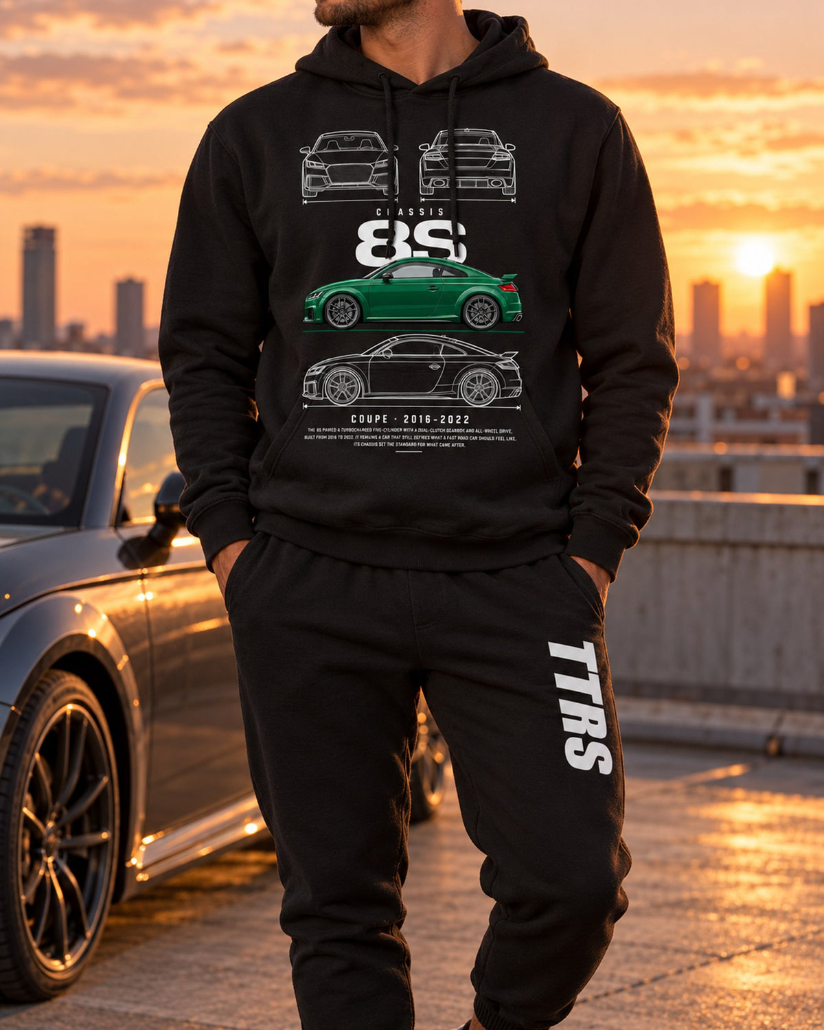 Audi Ttrs Blueprint Hoodie + Jogger Set Black worn hero