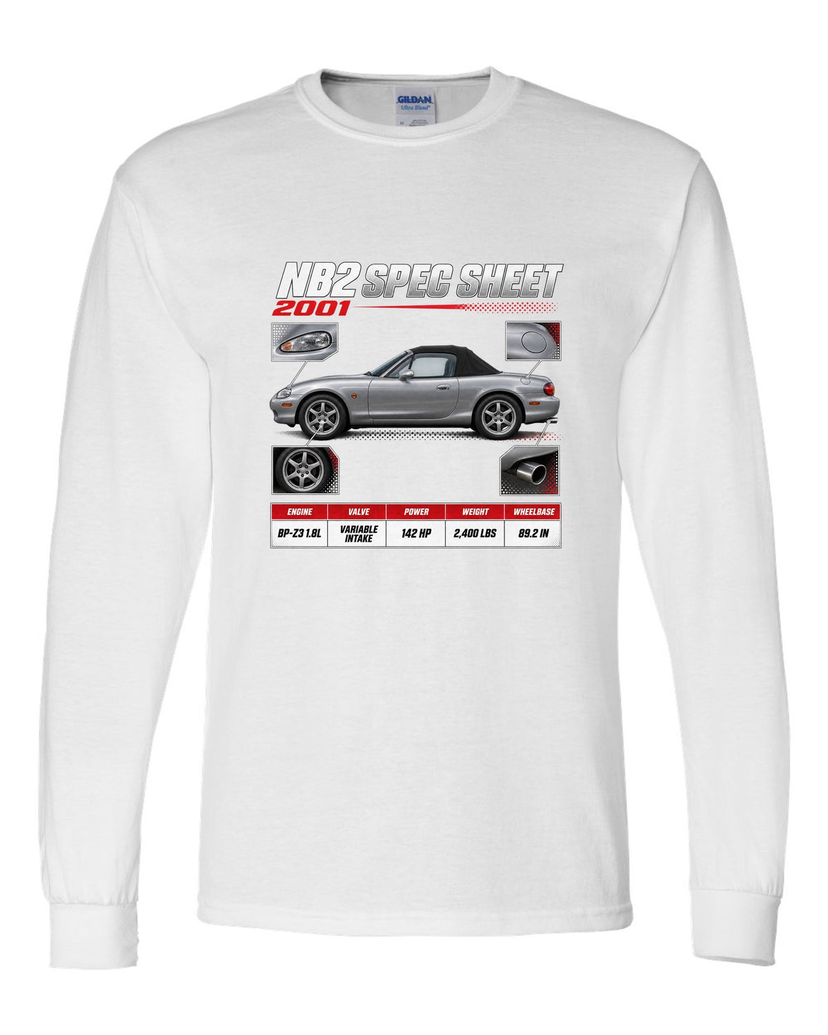 Spec poster print for the 2001 Mazda MX-5 NB2 reading NB2 spec sheet, 2001, variable intake white long sleeve front view with the design