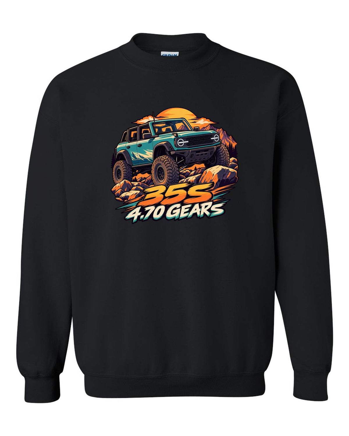 Ford Bronco 6G four-door Sasquatch in a cel-shaded anime print black crewneck front view with the design