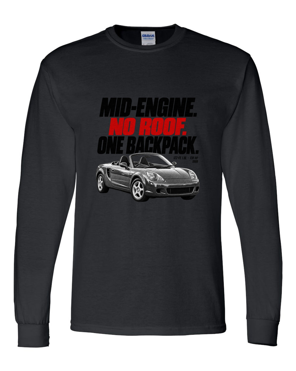 Halftone print of a Toyota MR2 Spyder W30 MR-S with the text Mid-Engine No Roof One Backpack black long sleeve front view with the design