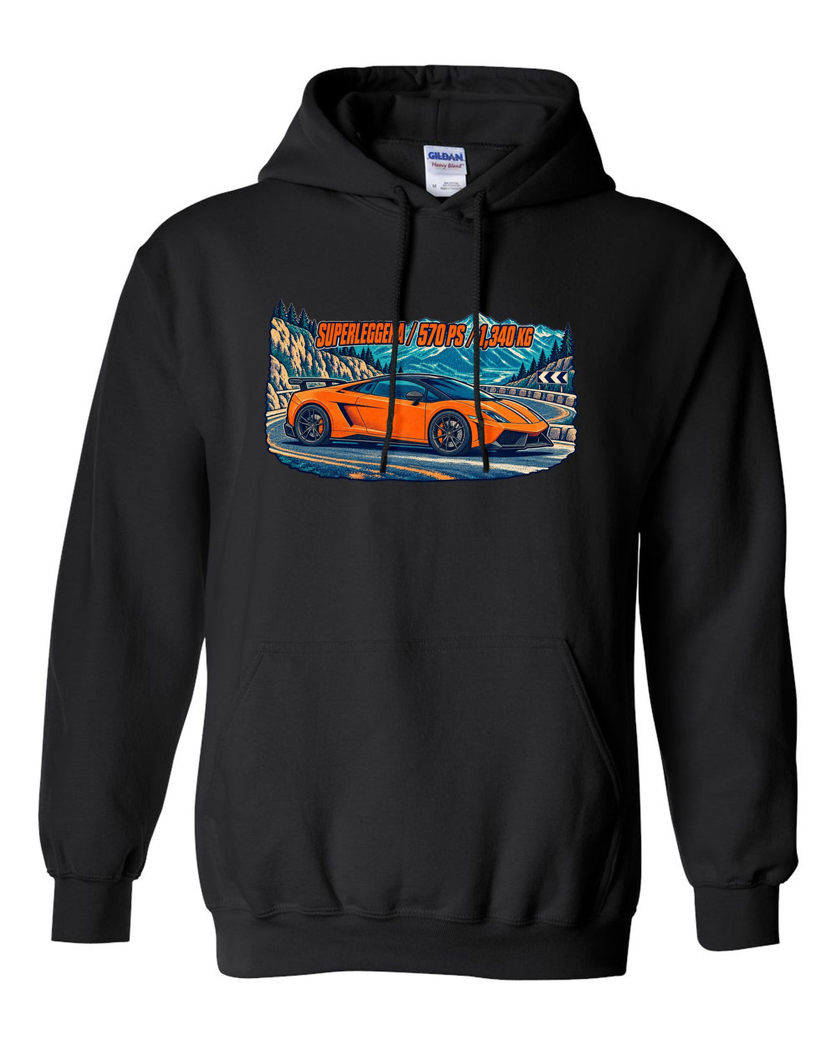Three-colour risograph design of a Lamborghini Gallardo LP570-4 Superleggera on a mountain pass black pull over hoodie front view with the design