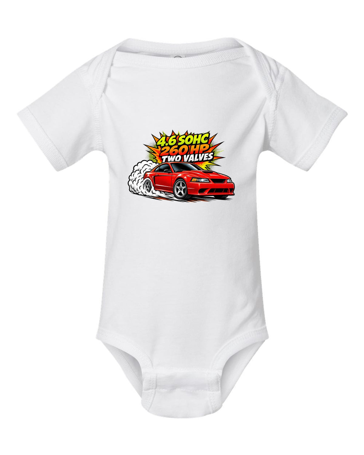 Comic halftone pop-art print of a 1999-2004 Ford Mustang SN95 New Edge burnout white baby onesie front view with the design