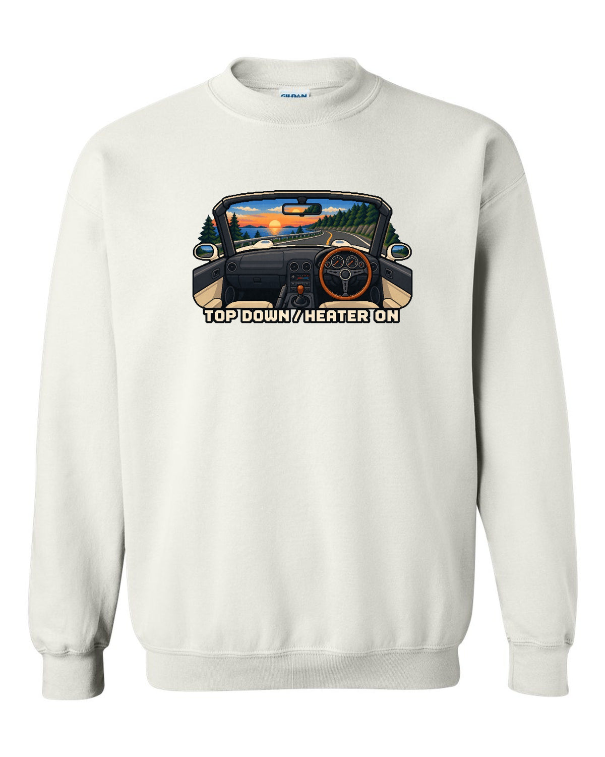 Cel-shaded 90s anime night scene of a Mazda RX-7 FD3S under sodium lights white crewneck front view with the design