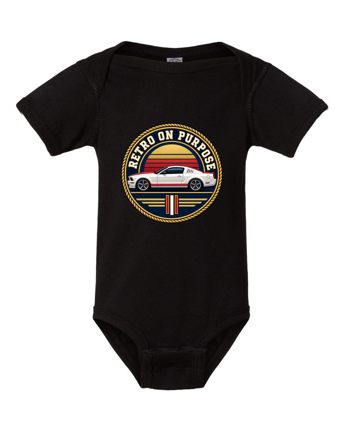 Varsity crest of a 2005-2014 S197 Ford Mustang fastback with Retro on purpose text black baby onesie front view with the design