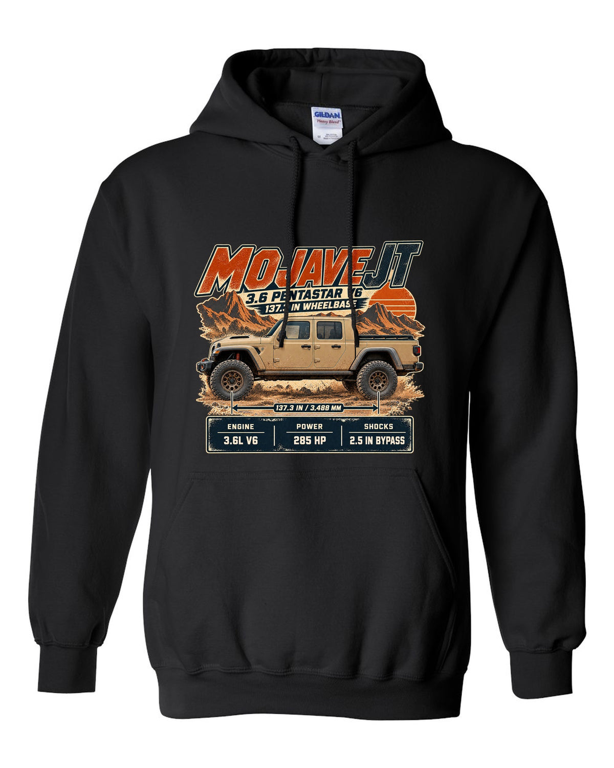Spec poster print for the Jeep Gladiator Mojave JT with engine and wheelbase black pull over hoodie front view with the design