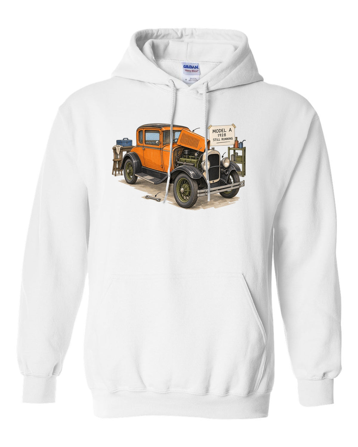 Ink and marker sketch of a 1928 Ford Model A coupe with still running lettering white pull over hoodie front view with the design