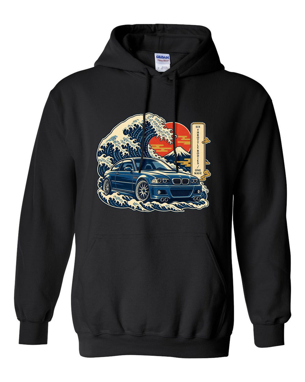 Ukiyo-e woodblock style print of a BMW E46 M3 coupe with six throttle bodies one wave text black pull over hoodie front view with the design