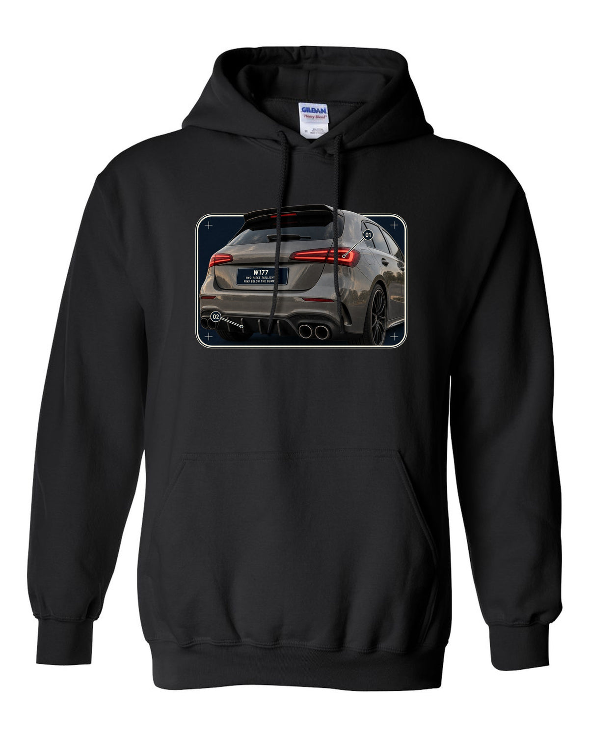 Mercedes-AMG A45 S W177 rear taillight macro detail print black pull over hoodie front view with the design