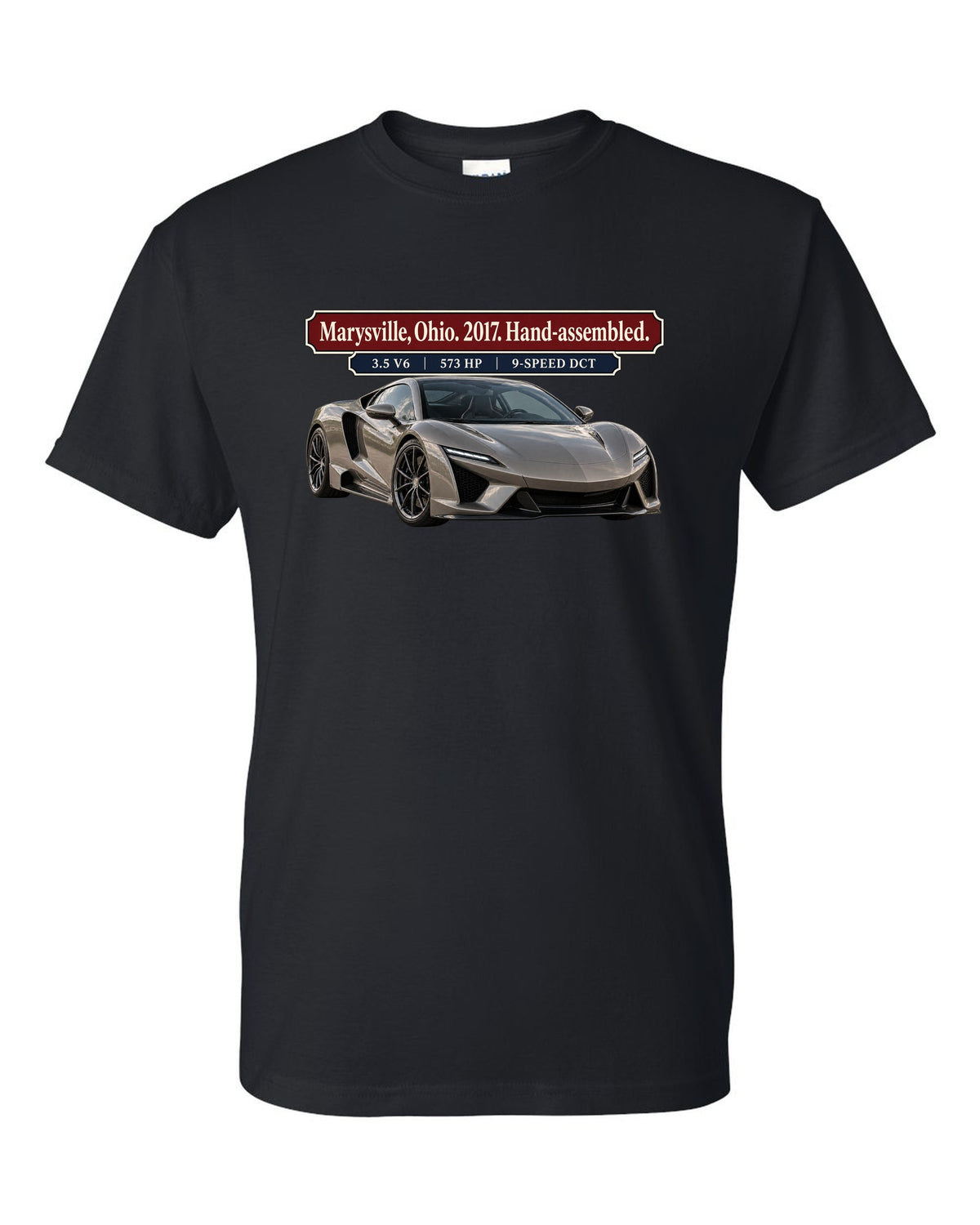 Archive panel print of a 2017 Acura NSX NC1 launch car in warm grey black t-shirt front view with the design