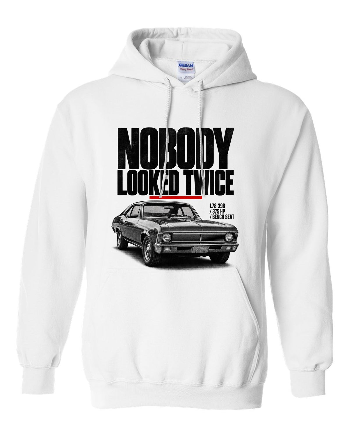 1969 Nova SS 396 halftone front three-quarter print with L78 396 specs white pull over hoodie front view with the design