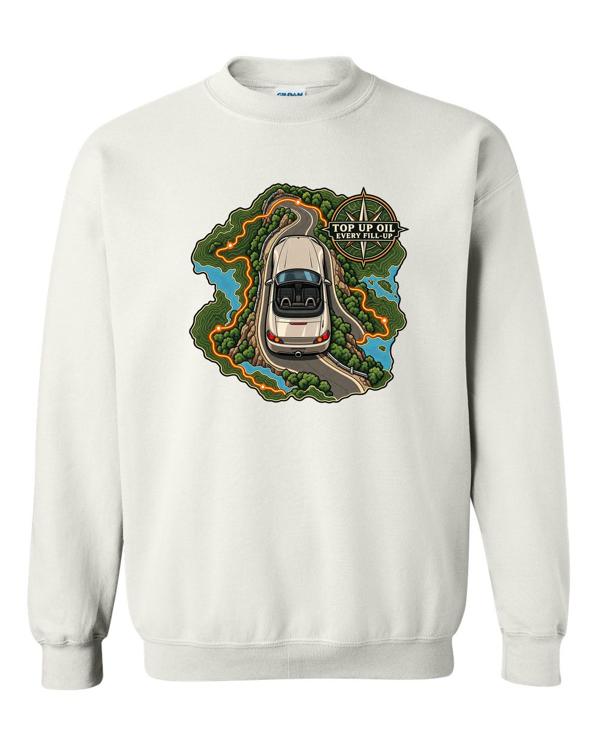 Topographic route map print of a 1999 Honda S2000 AP1 roadster with top up oil text white crewneck front view with the design