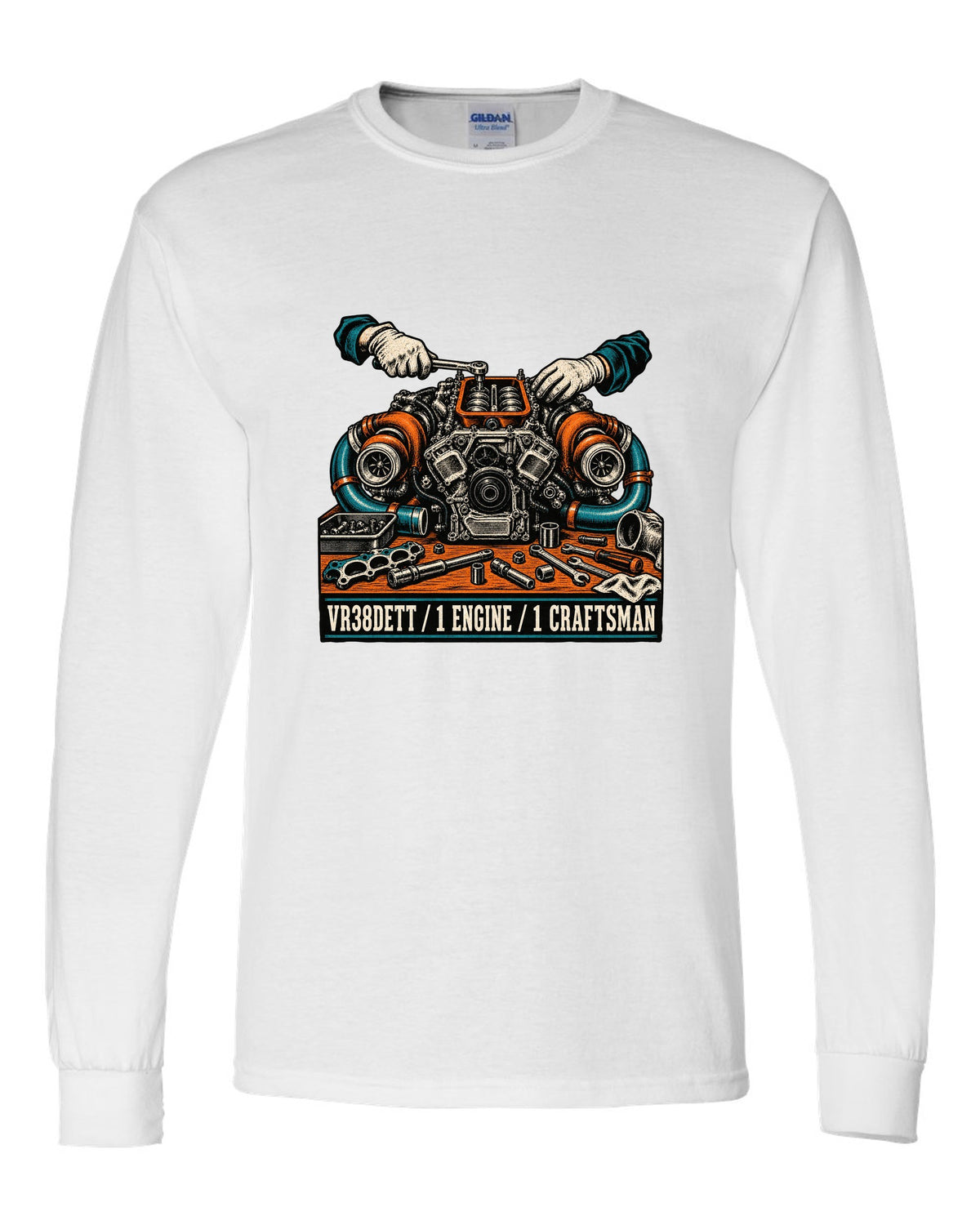 Linocut block-print back design of a Nissan GT-R R35 with VR38DETT engine text white long sleeve front view with the design
