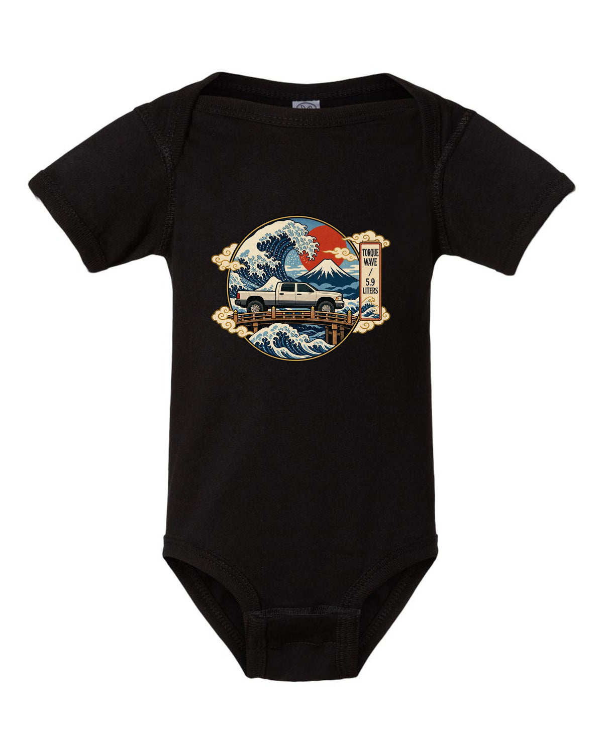 Ukiyo-e woodblock style print of a 2003-2009 Dodge Ram 2500 Cummins with torque wave 5.9 liters text black baby onesie front view with the design