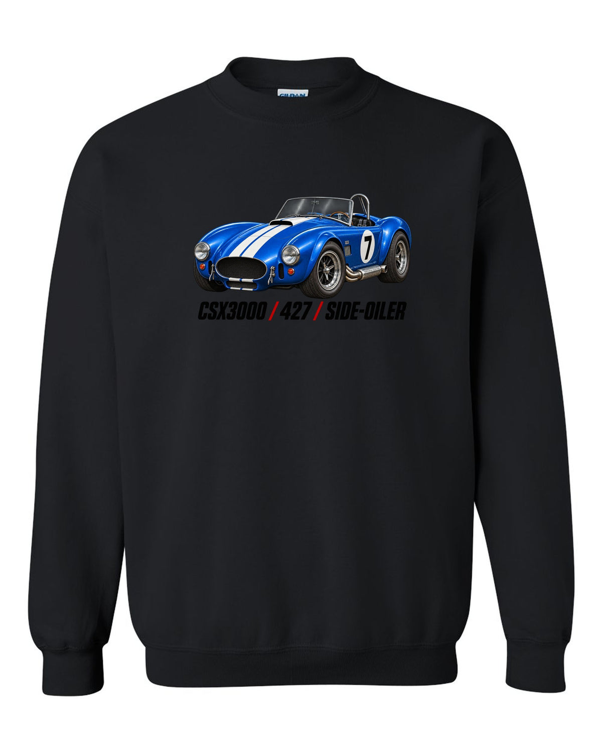Shelby Cobra 427 CSX3000 Side-Oiler Racing Roundel black crewneck front view with the design