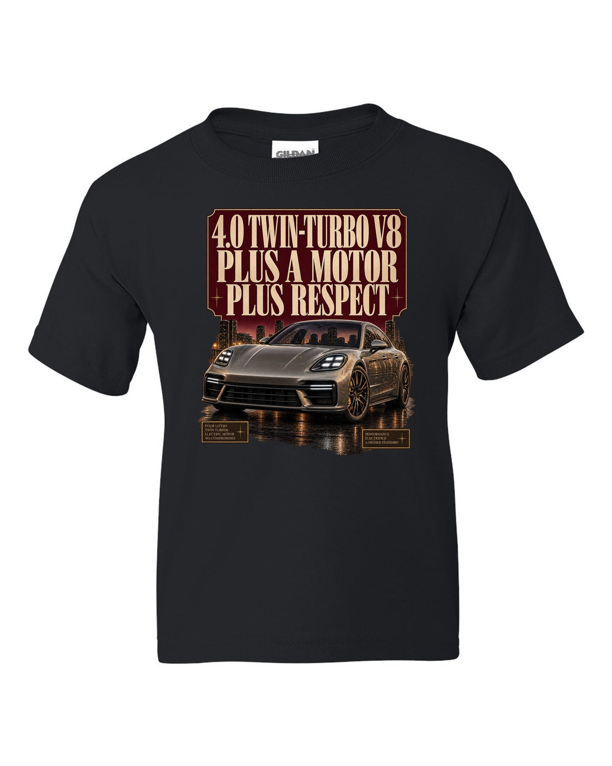 Editorial headline print of a low front three-quarter Porsche Panamera Turbo S E-Hybrid G3 at dusk black kids tee front view with the design