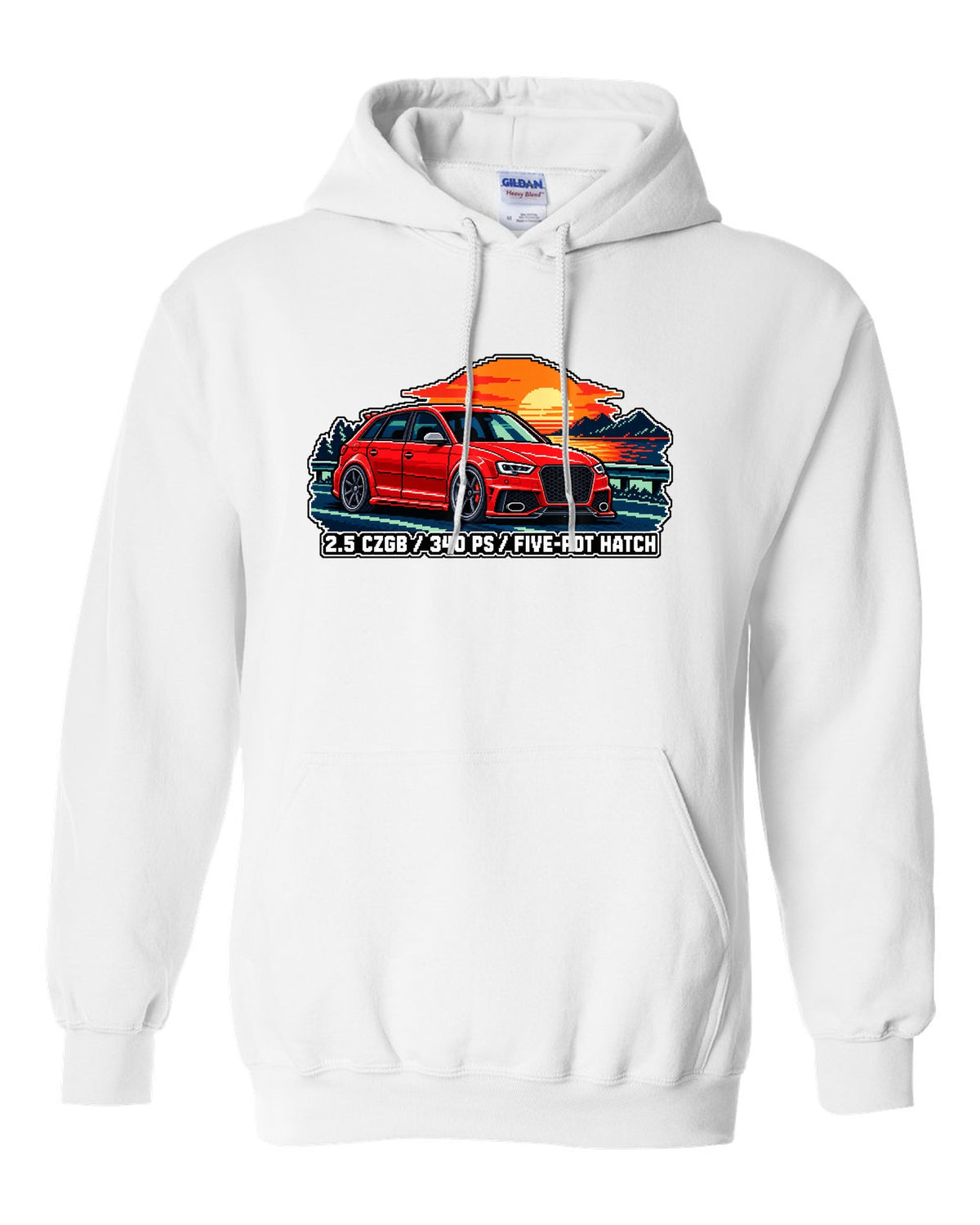 16-bit pixel art print of an Audi RS3 Sportback 8P with 2.5 CZGB text white pull over hoodie front view with the design