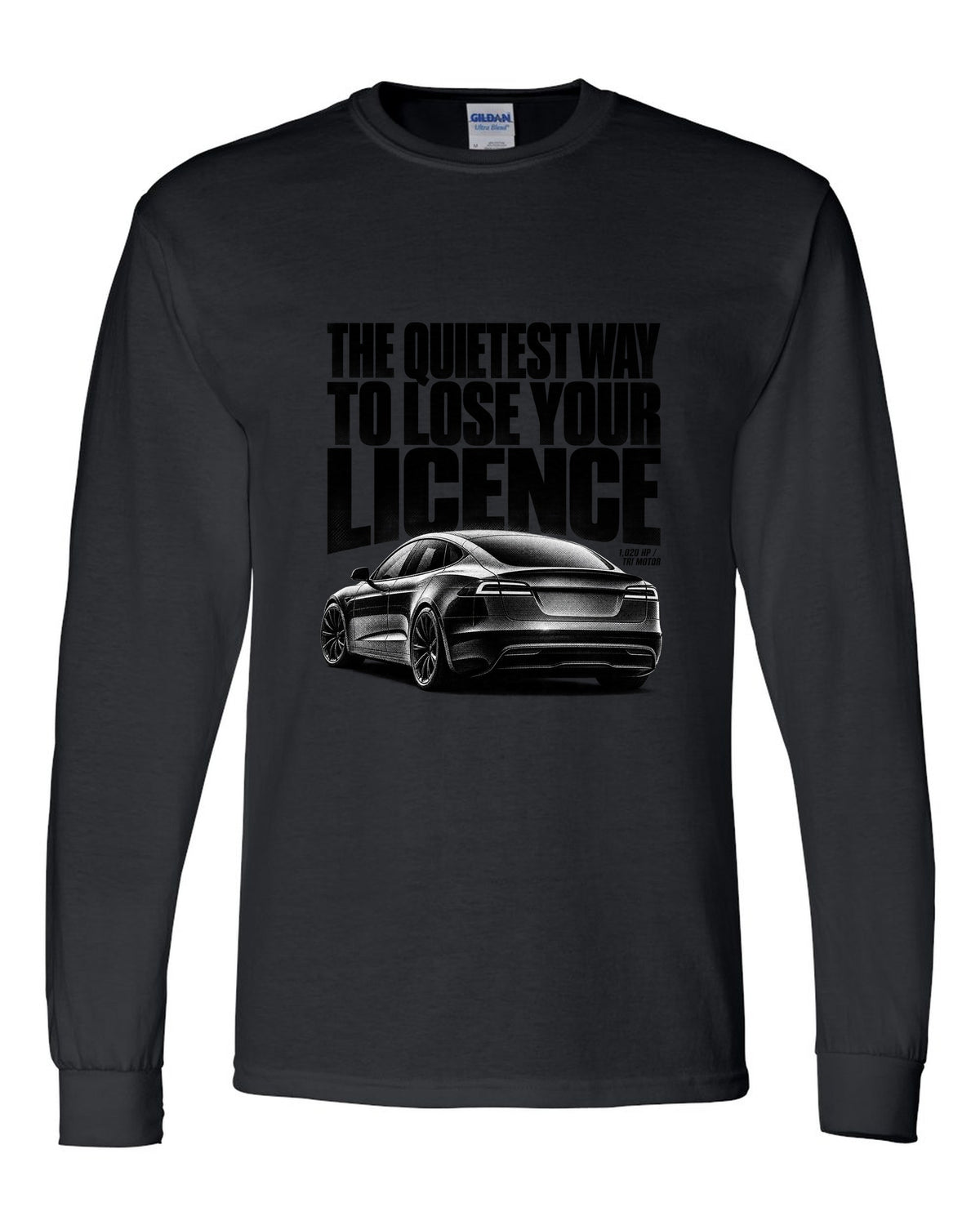 Halftone print of a Tesla Model S Plaid rear three-quarter view black long sleeve front view with the design