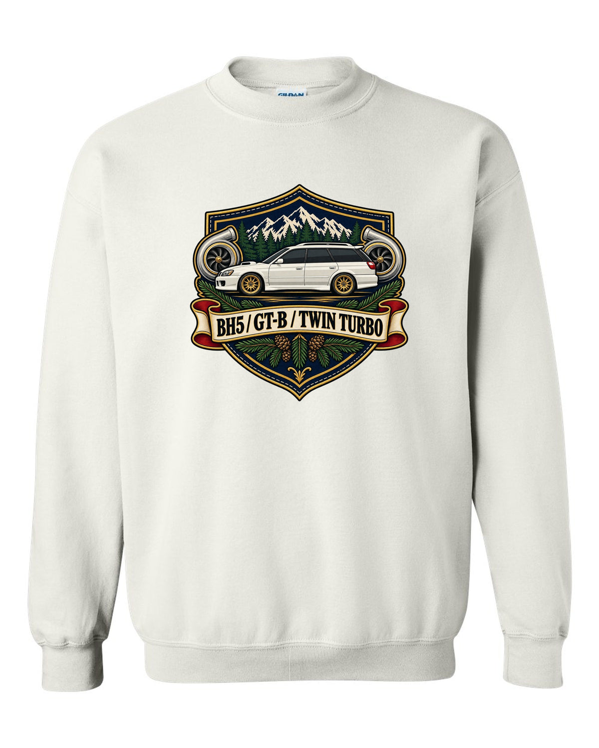 Subaru Legacy BH5 GT-B wagon shield crest print, BH5 / GT-B / TWIN TURBO white crewneck front view with the design